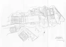 A birds-eye-view rudimentary map of Fort Monmouth labeled “Fire Districts Fort Monmouth, NJ.”