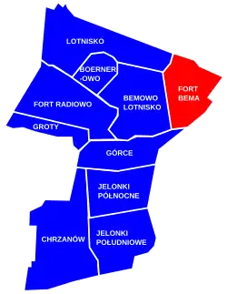 The location of the City Information System area of Fort Bema within the district of Bemowo