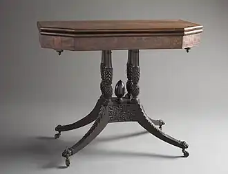 Four-column pedestal card table with pineapple finial; 1815–1820; mahogany, tulip poplar, and pine woods; 74.93 x 92.71 x 46.67&nbsp;cm; Los Angeles County Museum of Art