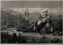Illustration of two nurses treating a soldier on the battlefield during the Franco-Prussian War, c. 1870