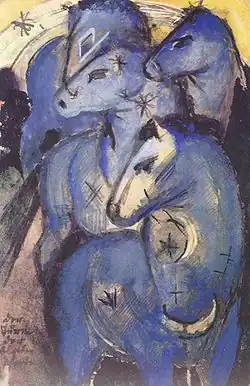 Tower of Blue Horses; by Franz Marc; 1912; ink and guache on card; 14.3 x 9.4&nbsp;cm; Bavarian State Painting Collections (Munich, Germany)[260]