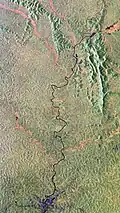 Biomass captured this image over Gabon in Africa. The Ivindo River, which is vital to the health of the rainforest, is clear to see. Other than the river and tributaries, the image is predominantly green, representing dense forest.