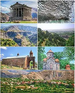 Landmarks of Garni, from top left: Garni Temple&nbsp;• Symphony of Stones Garni Gorge&nbsp;• Khosrov Forest Reserve Surb Astvatsatsin Church &nbsp;• Mashtots Hayrapet General view of Garni