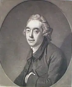 Black and White print. Half-length portrait of a Steevens. He has a long oval face, wears a small wig and has his left hand inside his jacket.