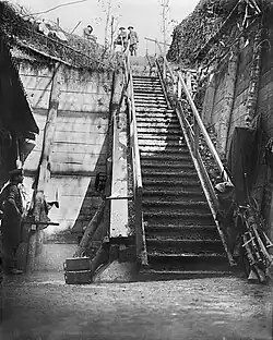 Steps leading down to a German deep dugout at Bernafay Wood, near Montauban, used in the Battle of the Somme, 1916