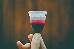A filled menstrual cup after use. With practice, it is possible to remove a bell-shaped cup without spilling or bloodying the hands.