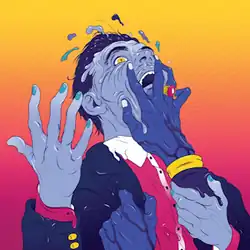 A surrealist illustration of a seemingly-melting faith healer with blue skin, grabbed by two disembodied hands, on an orange–pink backdrop.