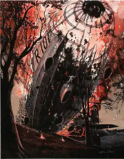 Duotone image of a burning Zeppelin for Stag magazine, January 1960