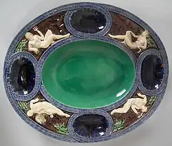 Platter with Juno, Neptune, Mercury, Selene, c. 1875. Unlike much "Palissy Ware", this is close to actual Renaissance pieces.