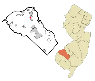 Location of Oak Valley in Gloucester County highlighted in red (left). Inset map: Location of Gloucester County in New Jersey highlighted in orange (right).