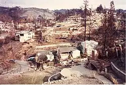 Taken from Ocean View Drive overlooking Brookside Avenue towards Golden Gate Avenue, looking east. Only three houses survived the firestorm in this neighborhood.