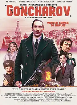 A movie poster featuring the protagonist hitman surrounded by several other characters. Behind him are the Saint Basil's Cathedral and a view of Naples.