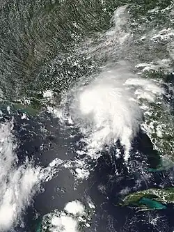 A visible satellite image of a tropical storm prior to making landfall near the Alabama–Mississippi border on September 4