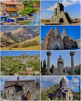 From top left: Downtown Goris&nbsp;• Goris gate Zangezur Mountains around Goris Bell Monument&nbsp;• Settlement of old Kores Grigor Tatevatsi statue Surp Hripsimé Basilica&nbsp;• Saint Gregory Cathedral