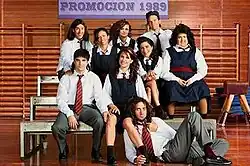 High-school seniors sitting on bleachers