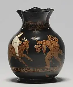 Oinochoe Chous, last decade of the 5th century BC, 9.1&nbsp;cm ×&nbsp;7&nbsp;cm (3.6&nbsp;in ×&nbsp;2.8&nbsp;in). Probably used in a child's grave.