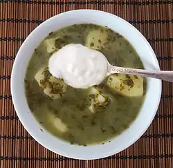 Green borscht made with spinach instead of sorrel and with potatoes