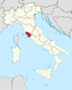 Map highlighting the location of the province of Grosseto in Italy