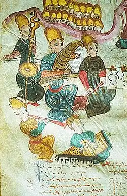Armenian manuscript showing musicians, including harper. Resembles Persian or Central-Asian chang, as well as Chinese konghou.