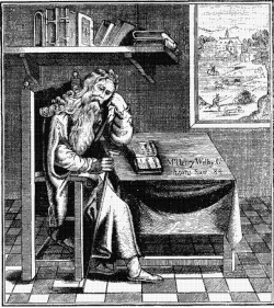 A man sits on a large ornate chair, resting his left elbow on a desk, his clenched fist supporting his head. In his right hand, at his waist, he holds a walking cane. He wears a cloak and a long beard, and his slippered feet rest on a chequered or tiled floor. On the desk lies an open book. Above his head the wall contains a shelf, filled with books. A picture hangs from the wall showing a country scene with a large mansion or castle