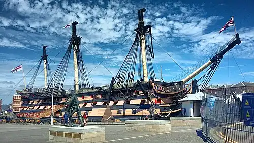 Starboard side of the British ship of the line HMS&nbsp;Victory