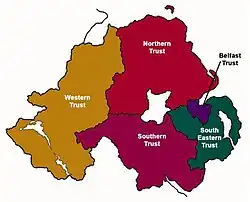 A map of Northern Ireland, showing the area of the 5 regional trusts. The Western Trust is shown to cover the western areas of Northern Ireland, including towns and cities such as Enniskillen, Omagh and Derry/Londonderry. The Southern Trust is shown to cover the southern areas of Northern Ireland, including towns and cities such as Armagh, Dungannon and Newry. The Northern Trust is shown to cover the north of Northern Ireland, including towns such as Cookstown, Coleraine, Ballymena and Larne. The South Eastern Trust is shown to cover the areas south of Belfast, including towns and cities such as Lisburn, Bangor and Downpatrick. The Belfast Trust is shown to cover the area of the City of Belfast.