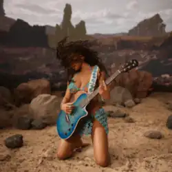 Halle Bailey kneeling in a desert setting playing a guitar, with her hair across her face