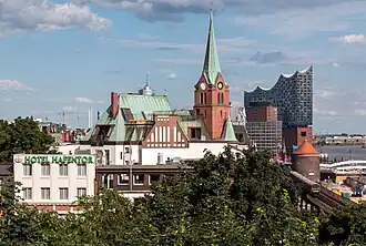 Gustaf Adolfs Church and the Elbphilharmonie, June 2016