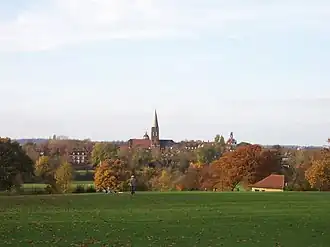 View towards St Jude's church in Hampstead Garden Suburb from the Heath extension