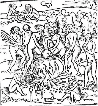 Original 1557 Hans Staden woodcut of the Tupinambá portrayed in a cannibalistic feast.[23]