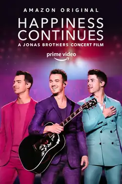 The image depicts the Jonas Brothers (from left to right: Joe, Kevin and Nick Jonas) smiling while performing on stage. The title is showcased at the top with the Amazon logo right bellow.