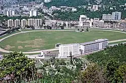 A racecourse surrounded by city buildings