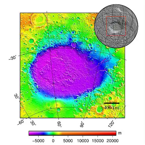 Hellas Basin Area topography. Crater depth is 7152&nbsp;m[5] (23,000&nbsp;ft) below the standard topographic datum of Mars.