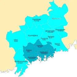 The capital region marked on the map in dark blue. Light blue covers the rest of metropolitan area.