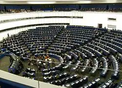 The European Parliament, seen in 2006, began operating in a hemicycle from its foundation in 1958, based on European traditions.