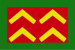 According to the ballad "A Copy of Verses," Every's "shield" was red with four gold chevrons and bordered in green.[68] This may have been intended to describe his flag. Although red was a popular colour for pirate flags of the time, the meaning of the four chevrons is not certain; it may have been an attempt (justified or not) to link Every with the West-Country gentry clan of Every whose coats-of-arms showed similar chevrons.[69]