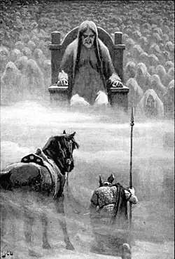 1909 drawing of Hermóðr genuflecting before Hel, from Norse myth