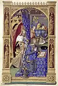 Charlemagne protecting the king of France, by the Master of Jacques de Besançon&nbsp;[fr], c. 1500, Livre d'heures de Charles VIII&nbsp;[fr]