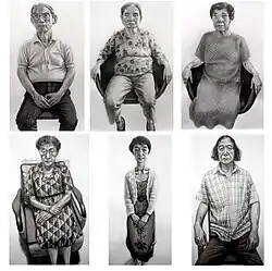 6 pencil and ink drawings of eldery Japanese people, Hibakusha, Survivors of the Atomic Bomb, Hiroshima