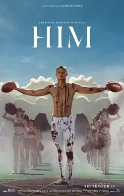 A man covered in blood splatters does a t-pose while holding two footballs over a cheerleader crowd.