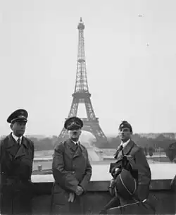 Adolf Hitler visiting the Trocadéro with Albert Speer (left) and sculptor Arno Breker (right) on 23 June 1940 during the Battle of France