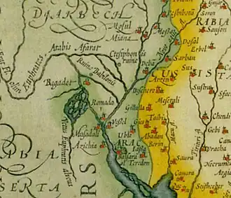 Baghdad (Begadet) on a 1636 map created by Jodocus Hondius