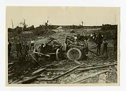 A damaged car after being thrown 200&nbsp;ft (61&nbsp;m) by the tornado