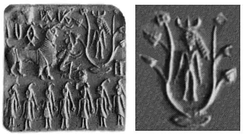 Horned deity with one-horned attendants on an Indus Valley seal. Horned deities are a standard Mesopotamian theme. 2000-1900 BCE. Islamabad Museum.[16][17][18][19]