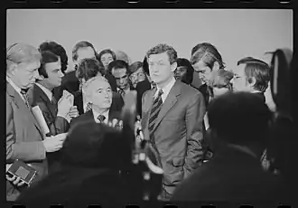 Doar (center-right) and Judiciary Committee Chairman Rodino speaking with reporters during the Nixon impeachment inquiry