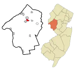 Map of Annandale CDP in Hunterdon County. Inset: Location of Hunterdon County in New Jersey.