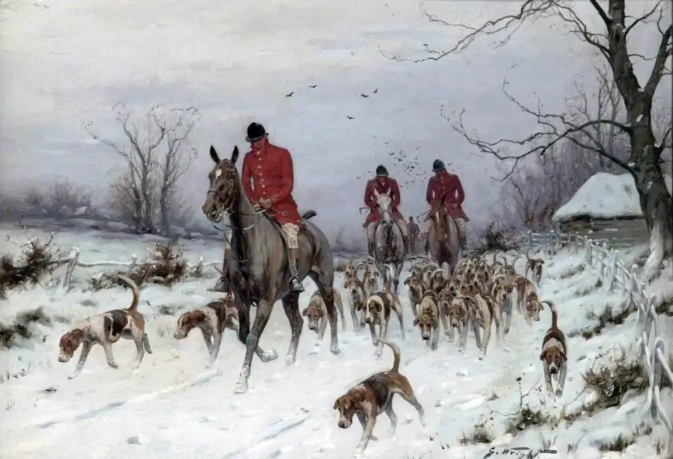 Huntsmen and hounds returning home in the snow
