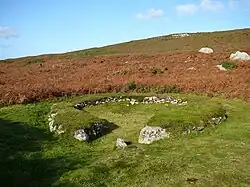 Prehistoric hut remains on the lower slopes
