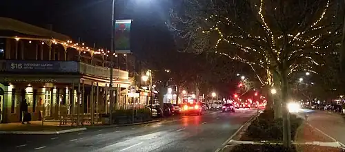 Night-time photo of General Havelock hotel and restaurants in Hutt Street