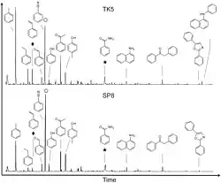 Pyrograms for the Truitjes Kraal (top) and Spitzkoppe (bottom) middens, showing the total ion current (TIC) with no sample pre-treatment. Compounds mentioned in the text are labelled as diamonds (styrene), circles (benzonitrile) and stars (benzamide).